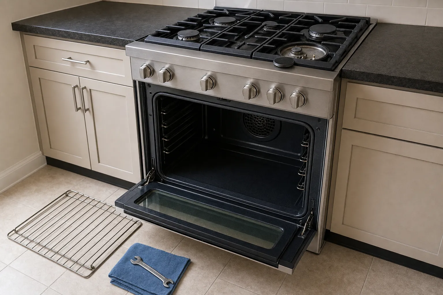 Stainless gas range set between cream shaker cabinets with the oven door lowered, its rack on the tile floor beside a wrench on a blue cloth