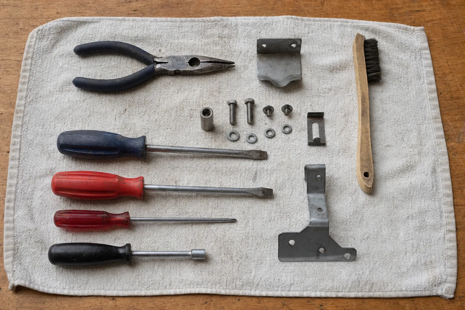 Needle-nose pliers, three screwdrivers and a nut driver in a row with a spacer, bolts, washers, a clip and an L-shaped bracket